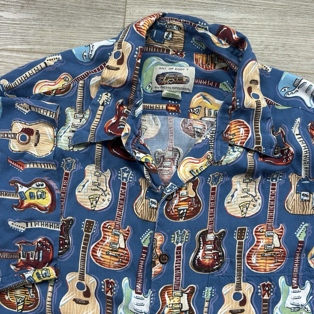Reyn Spooner Art of Eddy Y Hawaiian Shirt Mens XL Blue Guitar Print AOP Rayon